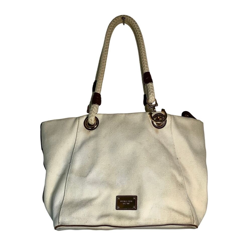 Michael Kors Large White Marina Canvas Rope Handle Tote Shoulder Handbag H1-4